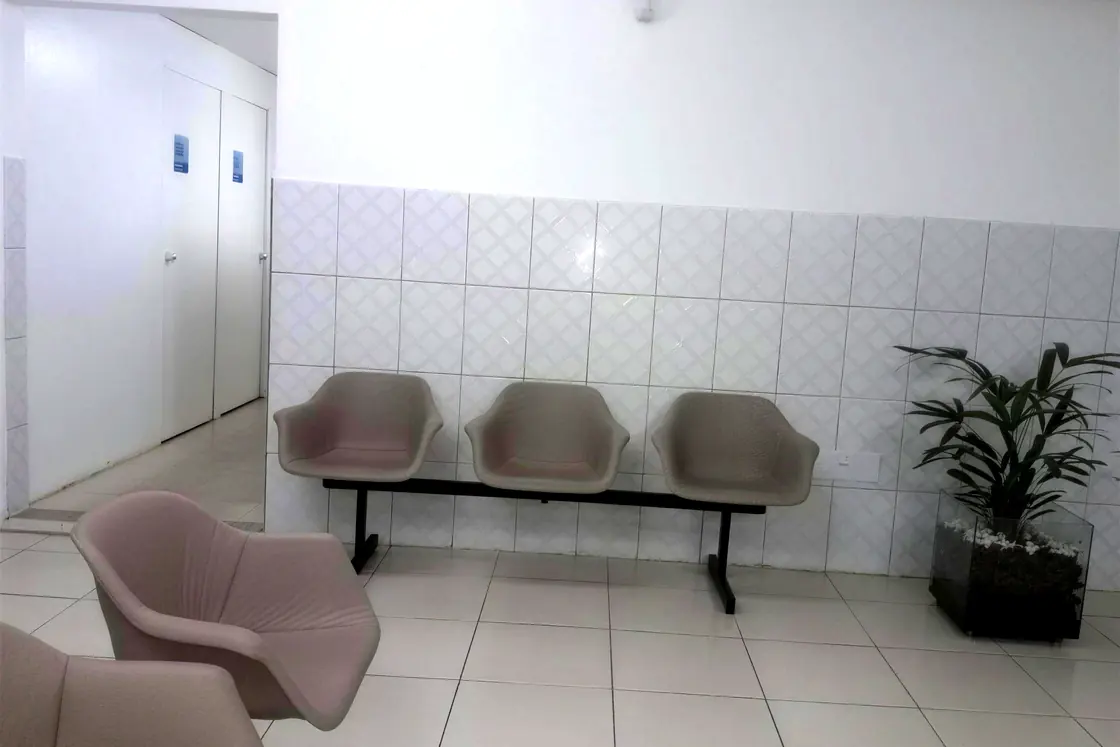 Canto da sala de espera do Centro Médico Três Elementos, com poltronas e uma planta